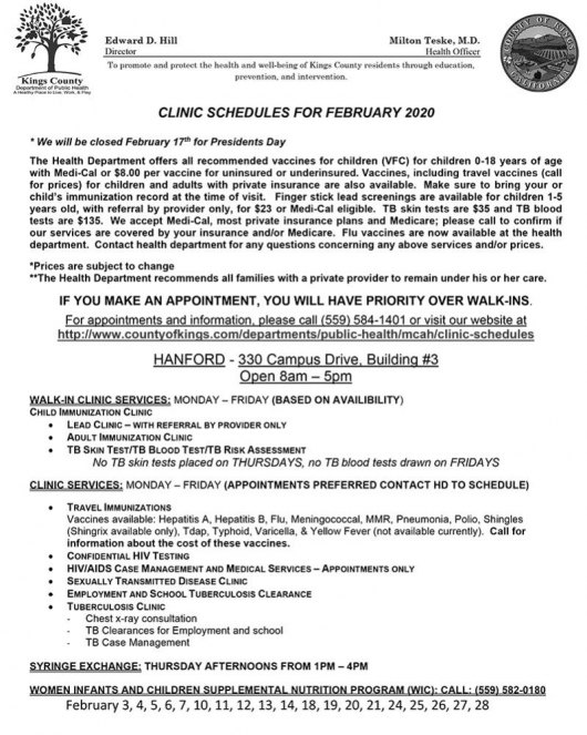 Kings County Health Department releases clinic schedules for February